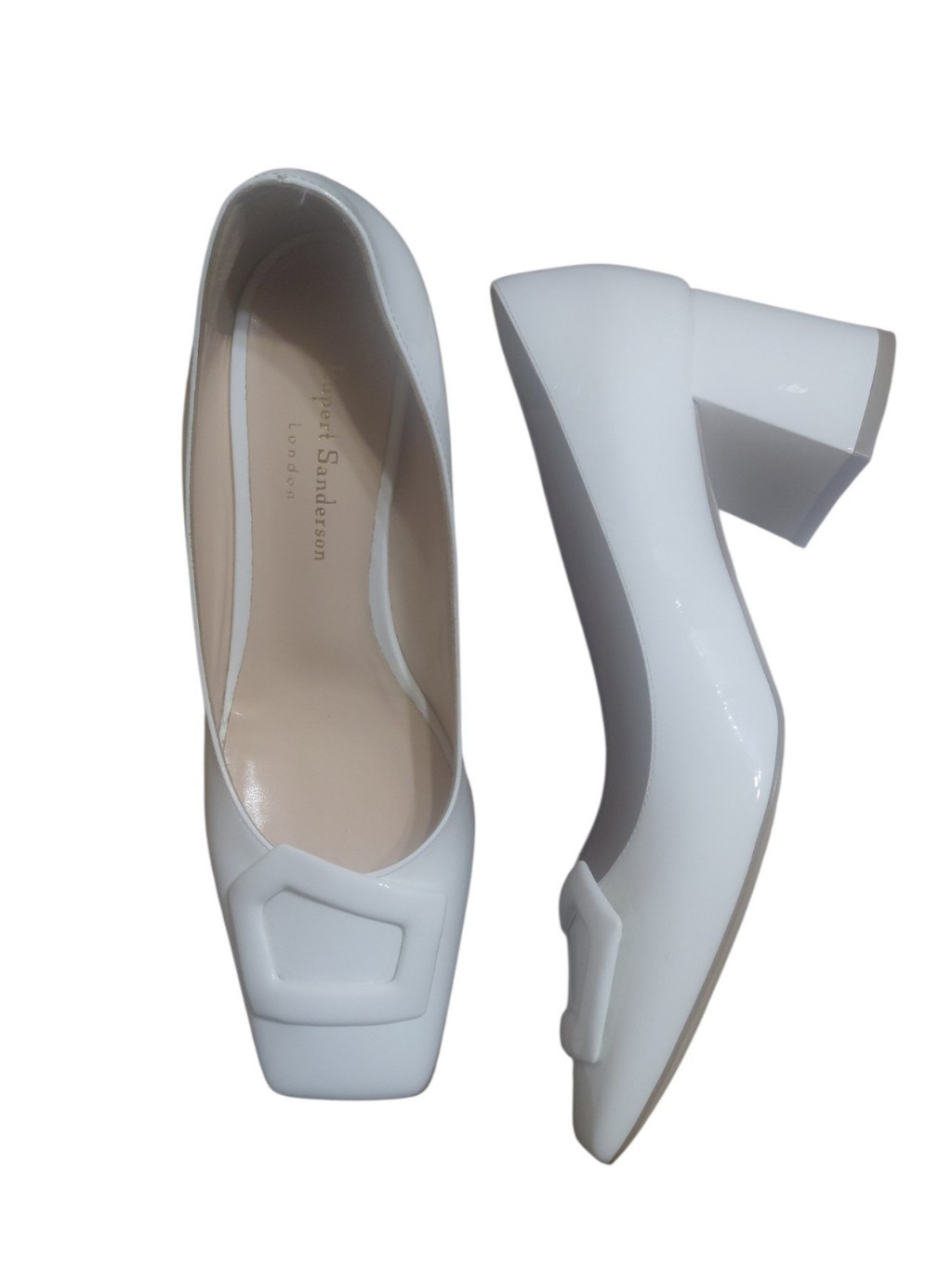 Rupert Sanderson White Patent Leather Block Heel Pumps
